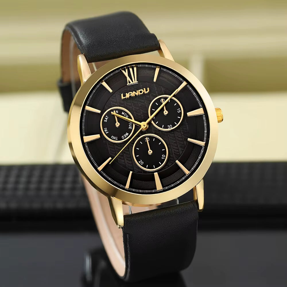2Pcs Black Leather Quartz Watch Bead Bracelet for Men Personality round Watch Dial Watch Gold Lion Head Bead Bracelet Set