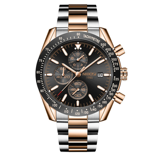 NIBOSI Men'S Stainless Steel Chronograph Watch Big Face Gold Black Analog Quartz Watch Luxury Waterproof Date Dress Watch Men