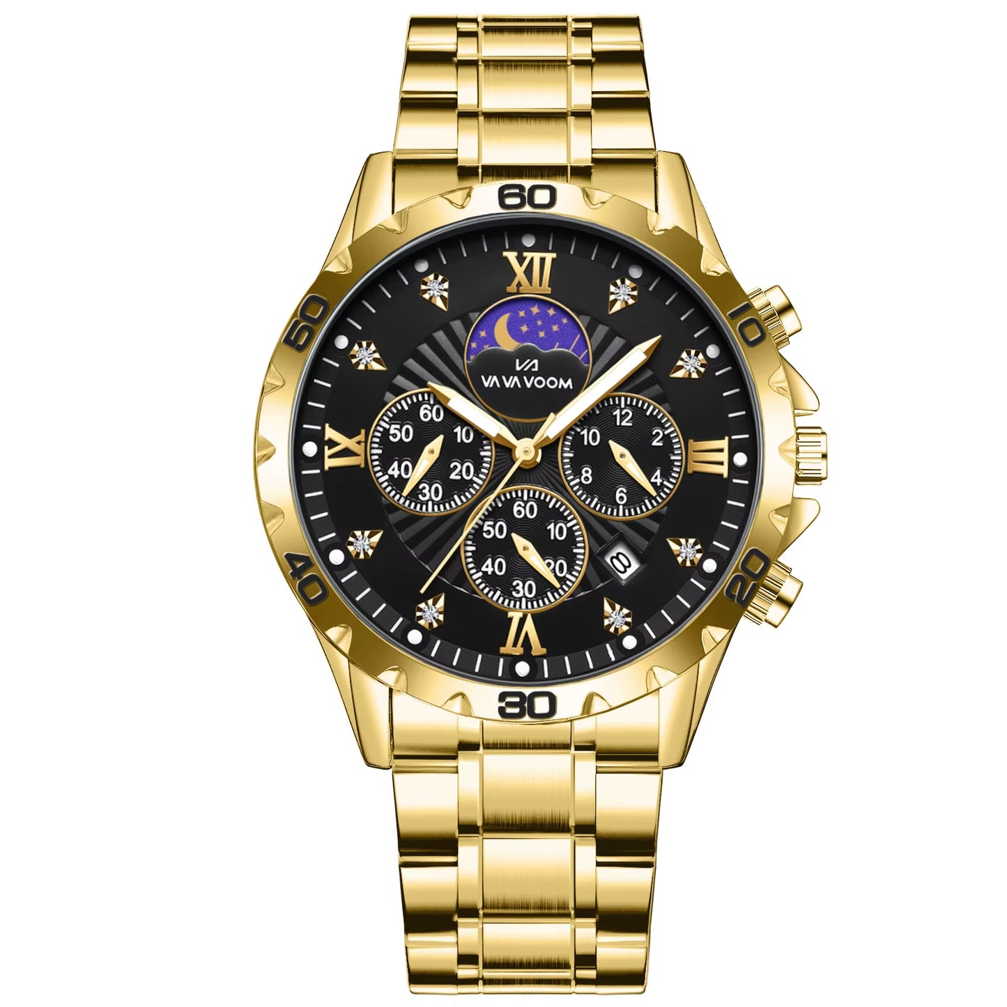 Stainless Steel Men Quartz Watch 43Mm Leisure Business Feng Shui Diamond Night Glow Gold Black Sports Quartz Watch Free Shipping