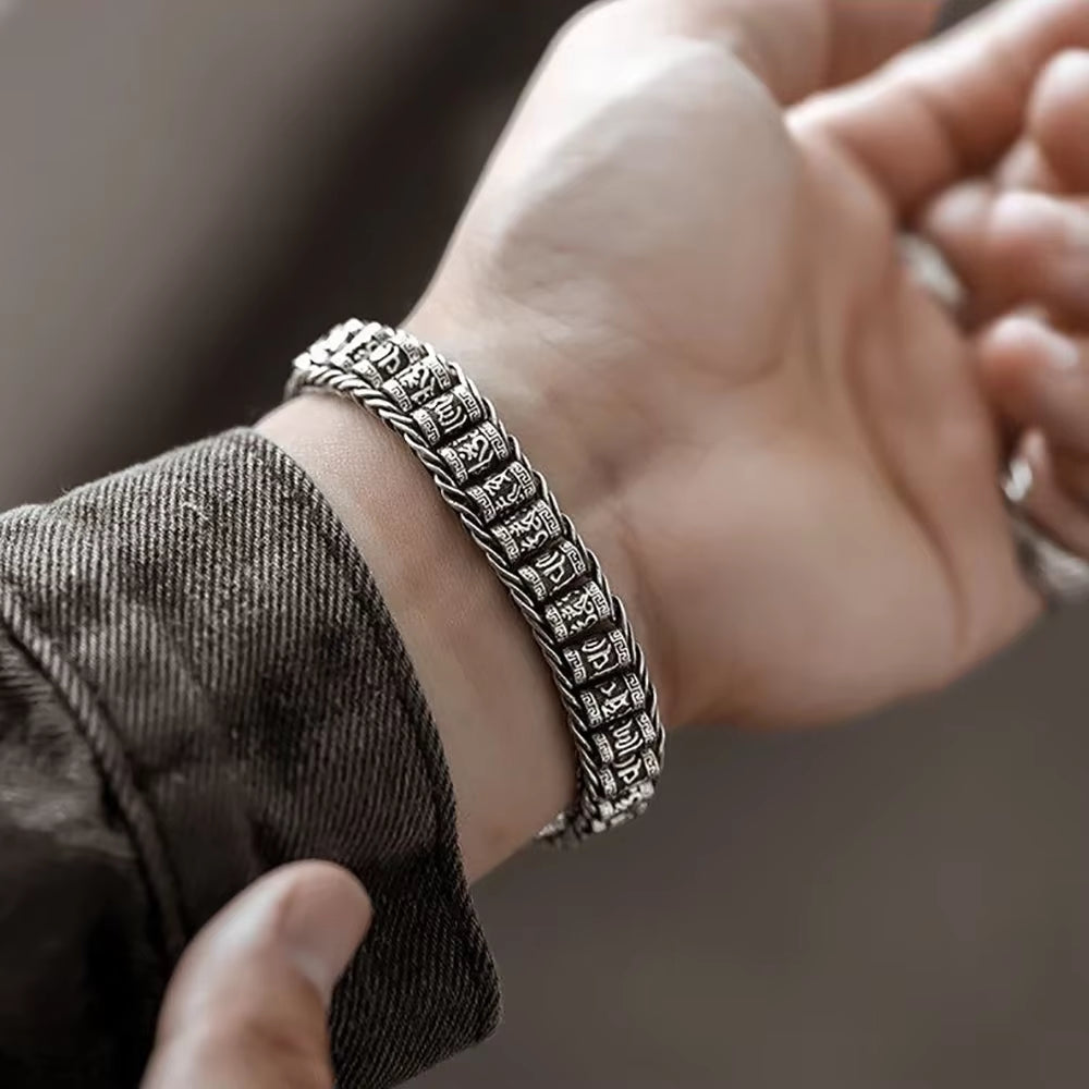 Retrosen Retro Men Bracelet Simple and Generous Silver Bracelet Woven Six-Character Mantra Chain Fashion Jewelry