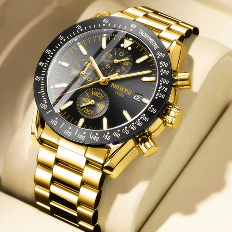 NIBOSI Men'S Stainless Steel Chronograph Watch Big Face Gold Black Analog Quartz Watch Luxury Waterproof Date Dress Watch Men