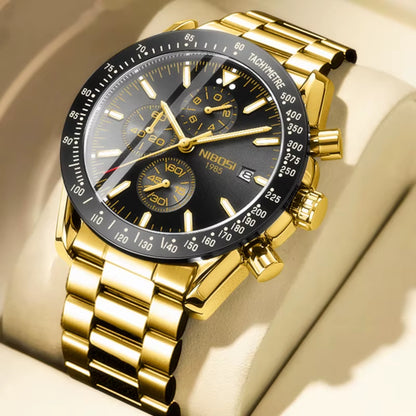 NIBOSI Men'S Stainless Steel Chronograph Watch Big Face Gold Black Analog Quartz Watch Luxury Waterproof Date Dress Watch Men