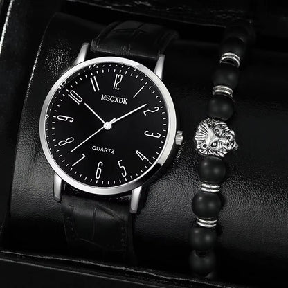 2Pcs Black Leather Quartz Watch Bead Bracelet for Men Personality round Watch Dial Watch Gold Lion Head Bead Bracelet Set