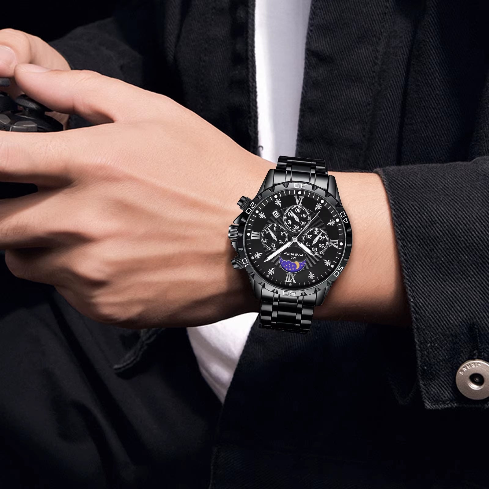 Stainless Steel Men Quartz Watch 43Mm Leisure Business Feng Shui Diamond Night Glow Gold Black Sports Quartz Watch Free Shipping