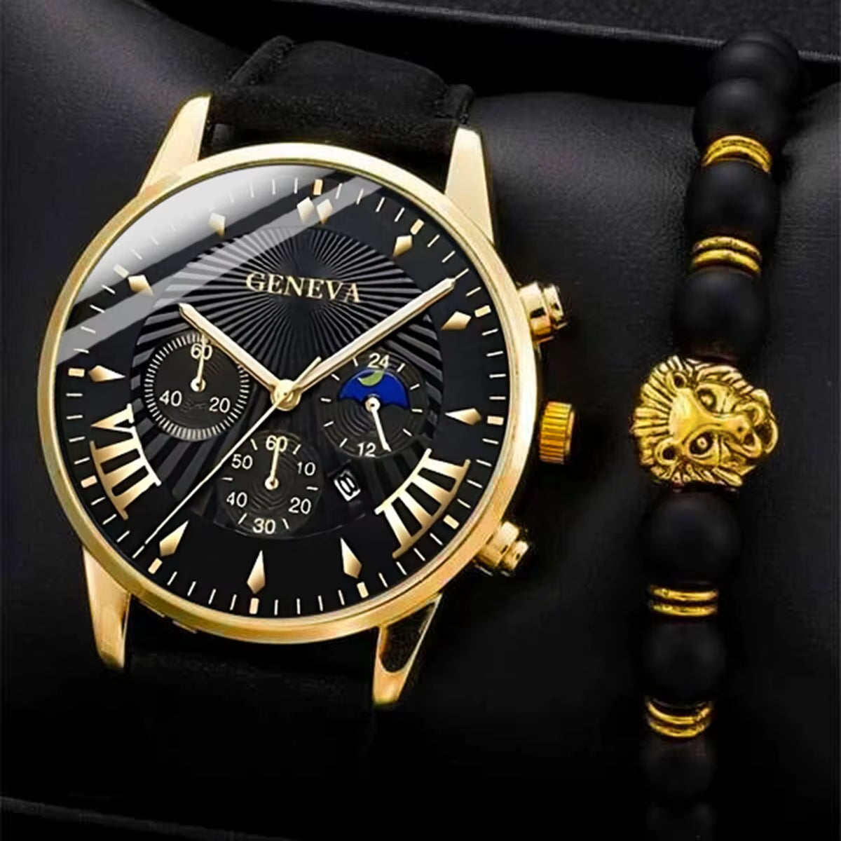 2Pcs Black Leather Quartz Watch Bead Bracelet for Men Personality round Watch Dial Watch Gold Lion Head Bead Bracelet Set