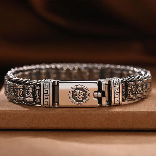 Retrosen Retro Men Bracelet Simple and Generous Silver Bracelet Woven Six-Character Mantra Chain Fashion Jewelry