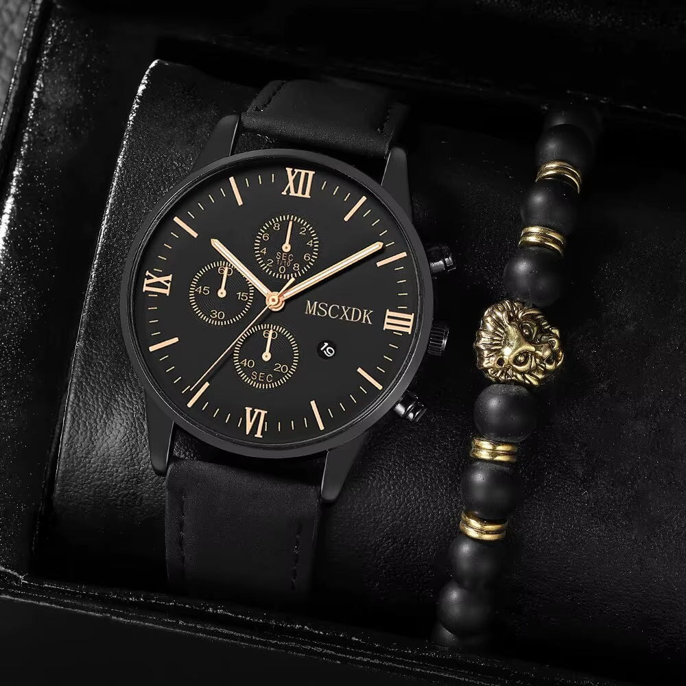 2Pcs Black Leather Quartz Watch Bead Bracelet for Men Personality round Watch Dial Watch Gold Lion Head Bead Bracelet Set