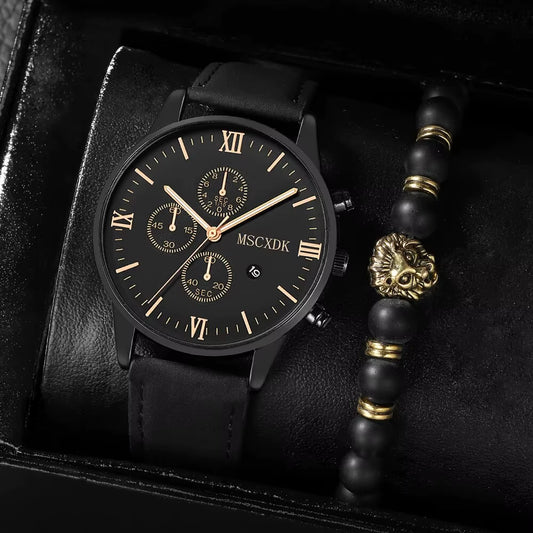 2Pcs Black Leather Quartz Watch Bead Bracelet for Men Personality round Watch Dial Watch Gold Lion Head Bead Bracelet Set
