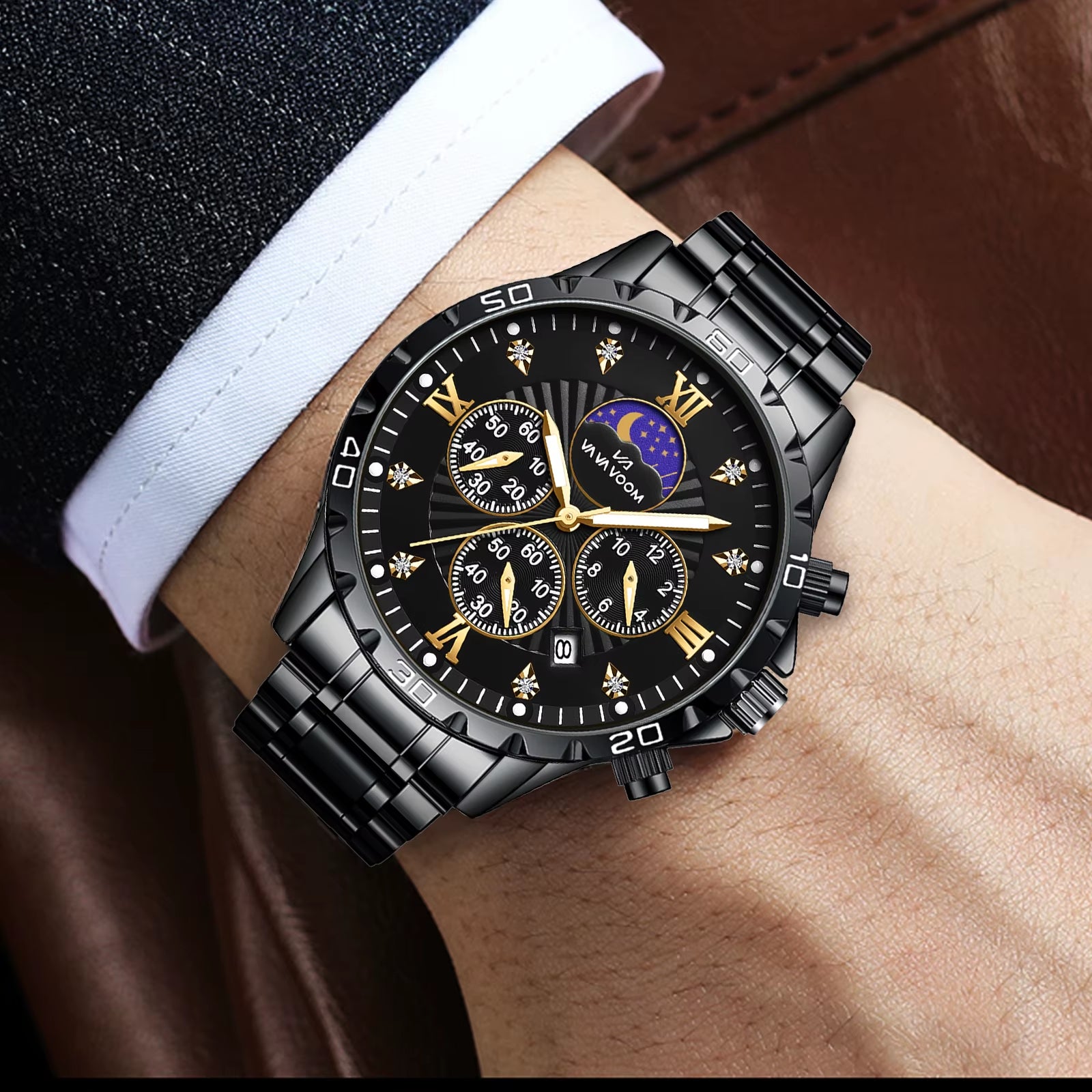 Stainless Steel Men Quartz Watch 43Mm Leisure Business Feng Shui Diamond Night Glow Gold Black Sports Quartz Watch Free Shipping