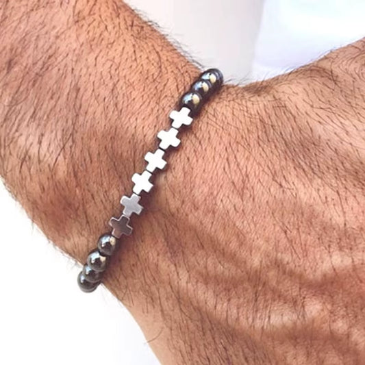 Men Bracelet Natural Black Hematite Beaded Bracelet Handmade Men Women Cross Natural Stone Diffuser Bracelets Men Jewelry Gifts