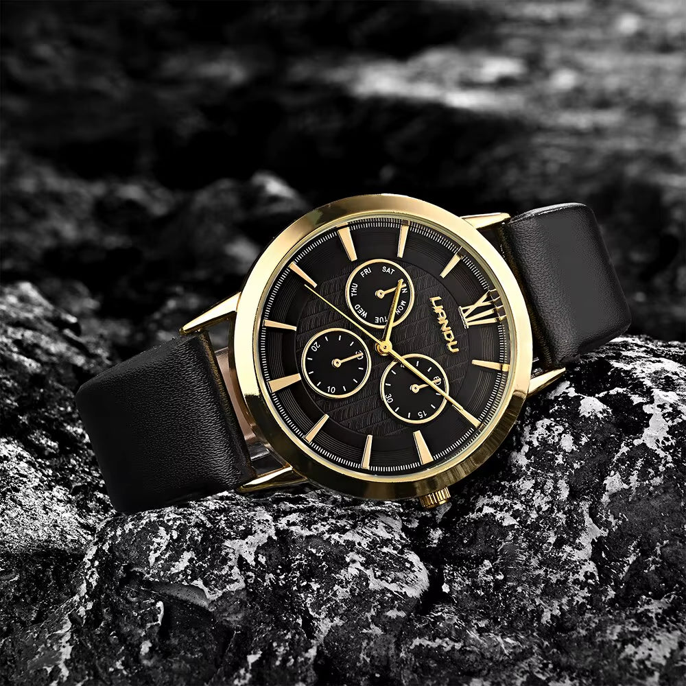 2Pcs Black Leather Quartz Watch Bead Bracelet for Men Personality round Watch Dial Watch Gold Lion Head Bead Bracelet Set