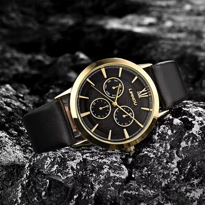 2Pcs Black Leather Quartz Watch Bead Bracelet for Men Personality round Watch Dial Watch Gold Lion Head Bead Bracelet Set