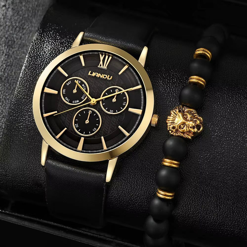 2Pcs Black Leather Quartz Watch Bead Bracelet for Men Personality round Watch Dial Watch Gold Lion Head Bead Bracelet Set
