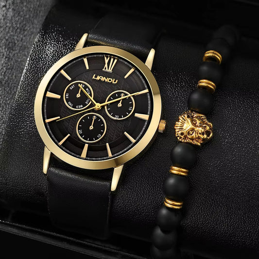 2Pcs Black Leather Quartz Watch Bead Bracelet for Men Personality round Watch Dial Watch Gold Lion Head Bead Bracelet Set
