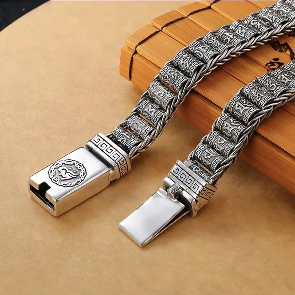 Retrosen Retro Men Bracelet Simple and Generous Silver Bracelet Woven Six-Character Mantra Chain Fashion Jewelry