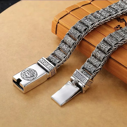 Retrosen Retro Men Bracelet Simple and Generous Silver Bracelet Woven Six-Character Mantra Chain Fashion Jewelry