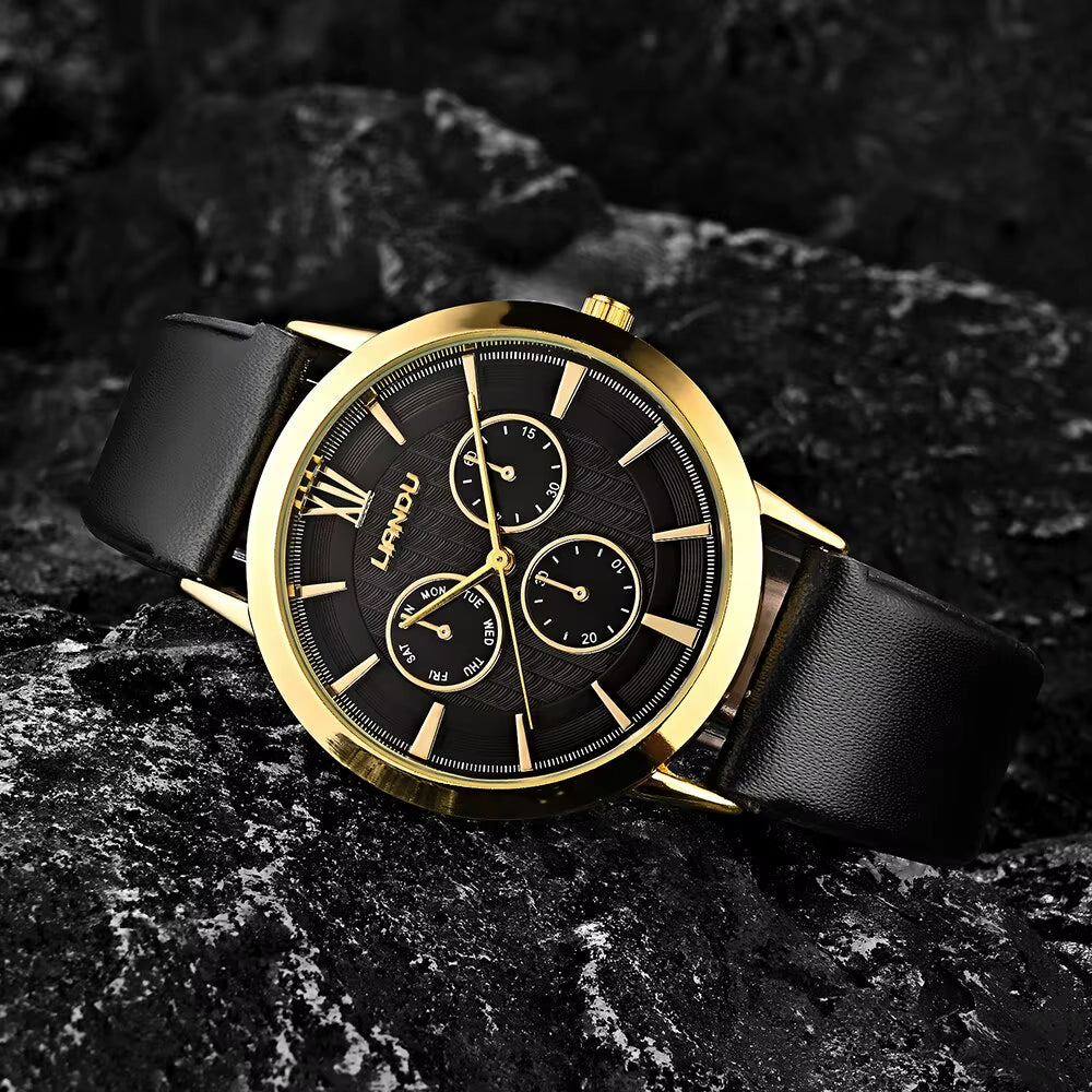2Pcs Black Leather Quartz Watch Bead Bracelet for Men Personality round Watch Dial Watch Gold Lion Head Bead Bracelet Set
