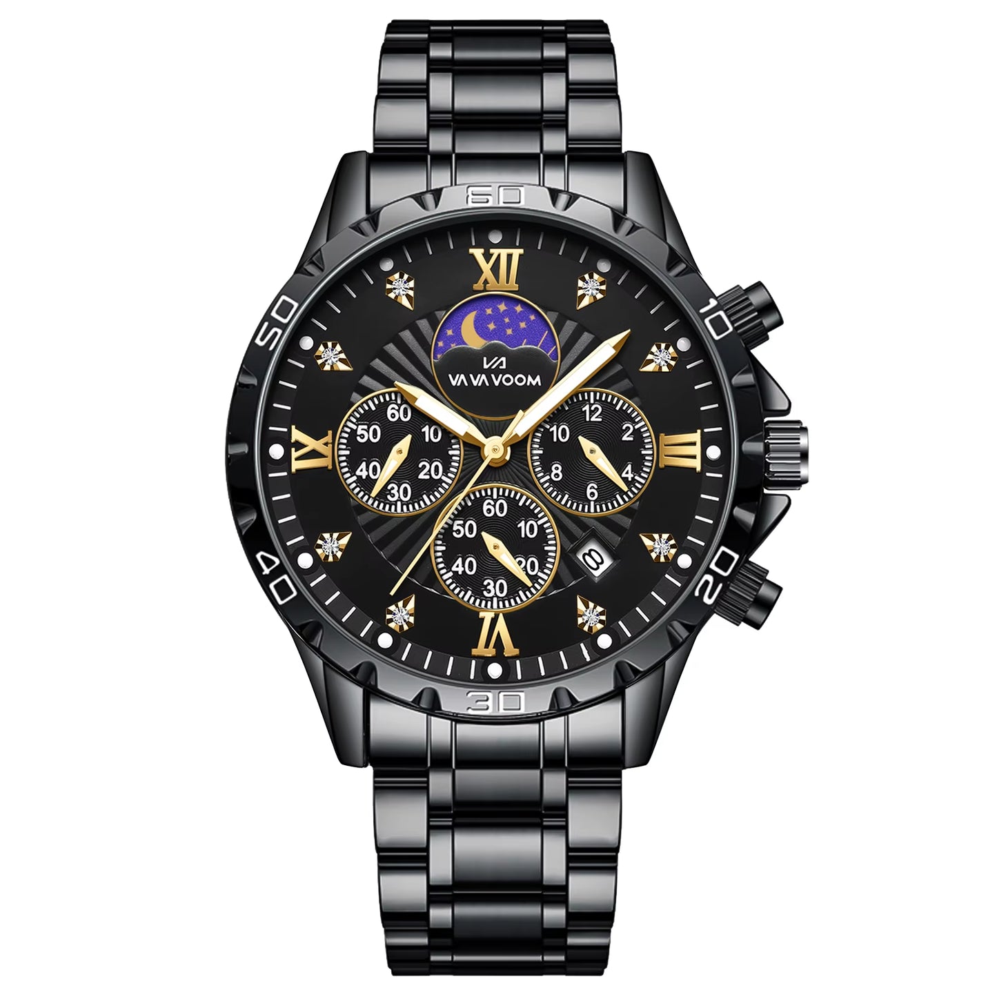 Stainless Steel Men Quartz Watch 43Mm Leisure Business Feng Shui Diamond Night Glow Gold Black Sports Quartz Watch Free Shipping