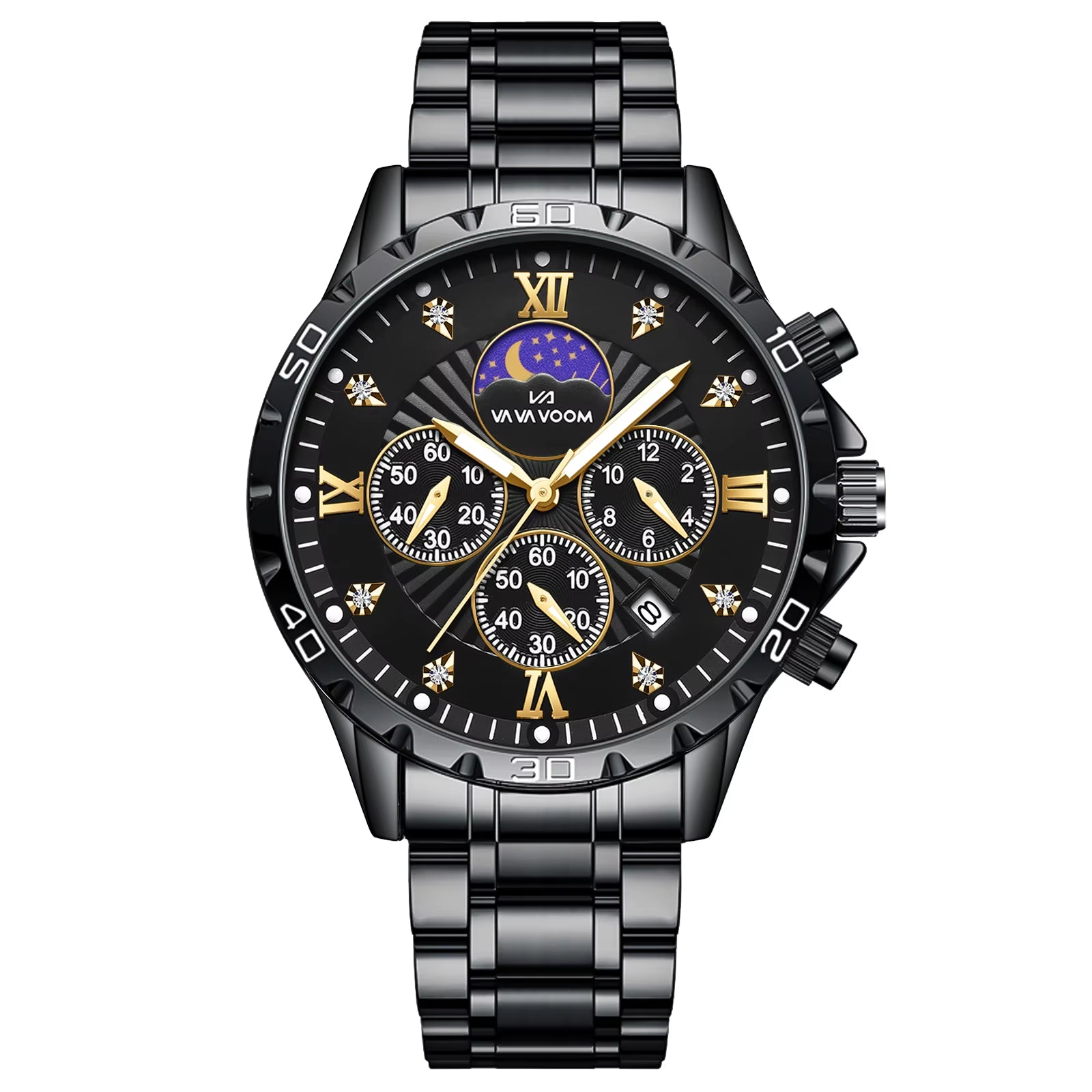 Stainless Steel Men Quartz Watch 43Mm Leisure Business Feng Shui Diamond Night Glow Gold Black Sports Quartz Watch Free Shipping