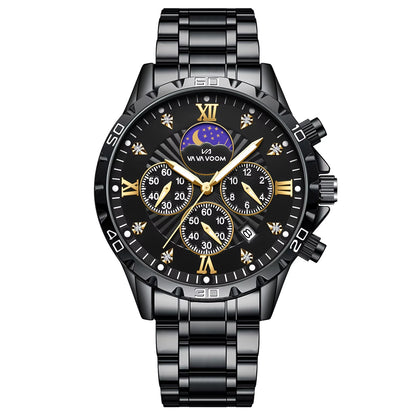 Stainless Steel Men Quartz Watch 43Mm Leisure Business Feng Shui Diamond Night Glow Gold Black Sports Quartz Watch Free Shipping