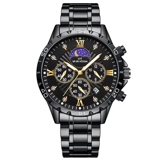 Stainless Steel Men Quartz Watch 43Mm Leisure Business Feng Shui Diamond Night Glow Gold Black Sports Quartz Watch Free Shipping