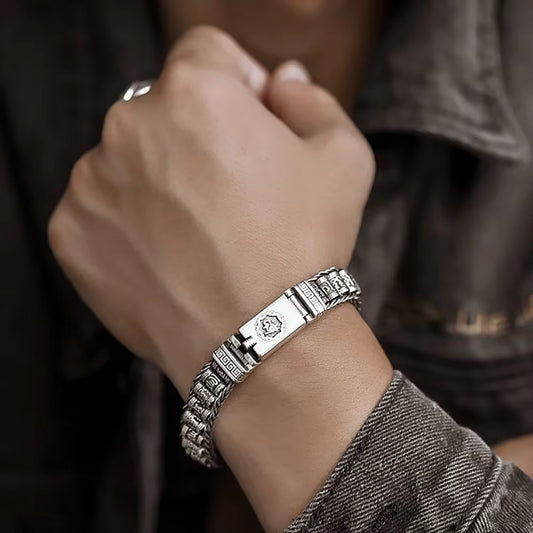 Retrosen Retro Men Bracelet Simple and Generous Silver Bracelet Woven Six-Character Mantra Chain Fashion Jewelry