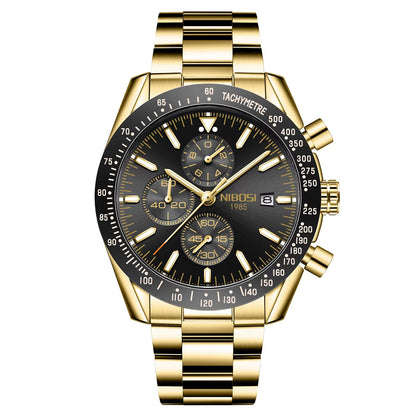 NIBOSI Men'S Stainless Steel Chronograph Watch Big Face Gold Black Analog Quartz Watch Luxury Waterproof Date Dress Watch Men