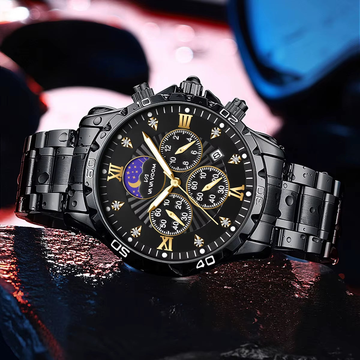 Stainless Steel Men Quartz Watch 43Mm Leisure Business Feng Shui Diamond Night Glow Gold Black Sports Quartz Watch Free Shipping